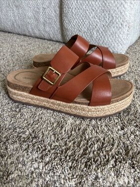 Aetrex Women's Cognac Leather Espadrille Slide Sandals with Gold Buckle